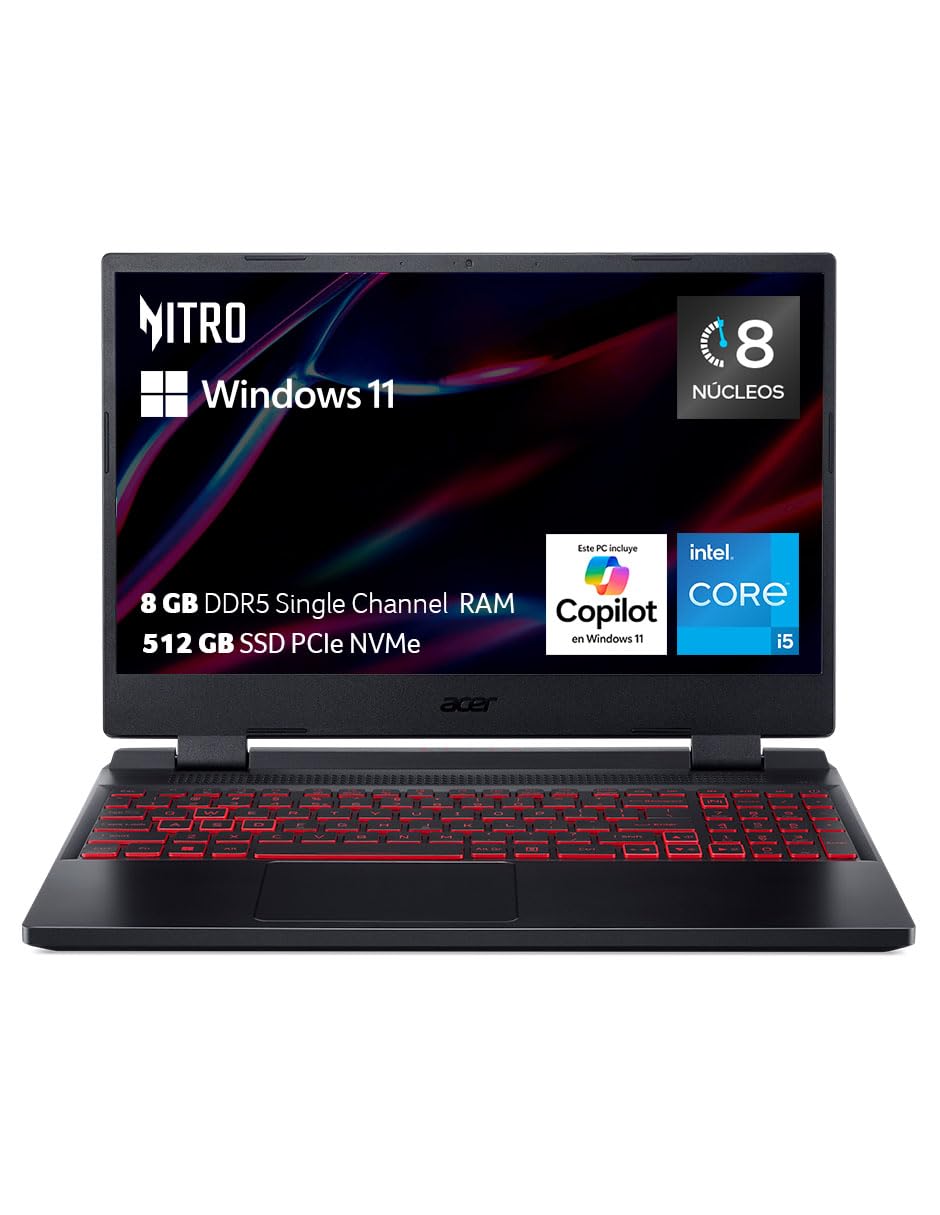 Acer Laptop Gaming Nitro 5 Modelo 2024 Core i5 12th | Nvidia GeForce RTX 2050 | 8 Núcleos | 8GB | 512GB SSD | Panel IPS de 15.6" FHD